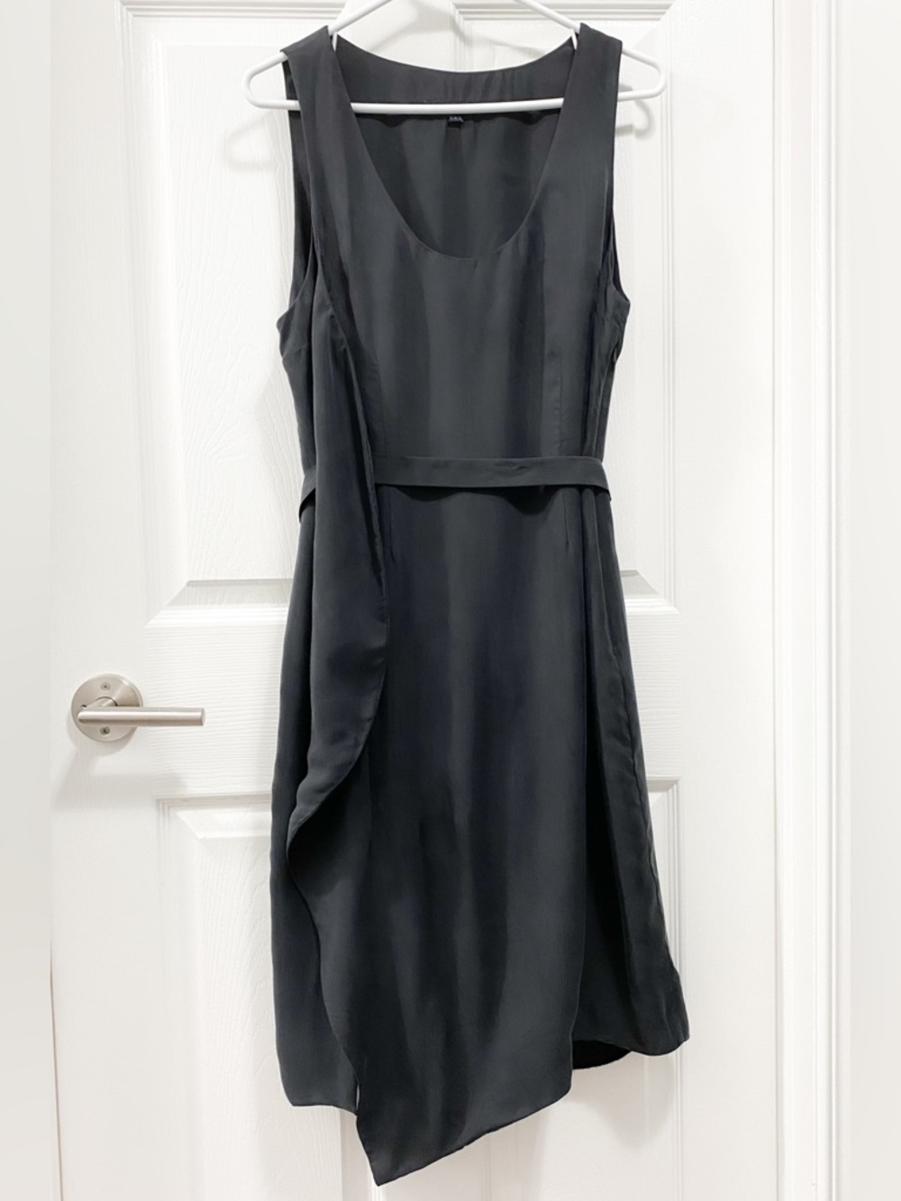 French Connection Black Asymmetrical Ruffle-Accent Sleeveless Cupro Dress